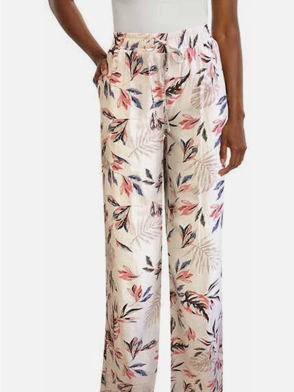 Briggs Floral Wide-Leg Drawstring Pants - Cream with Pink & Blue Leaf Print